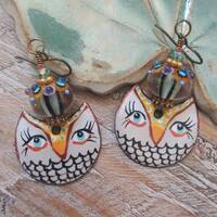 Enameled Owl Earrings * Artisan Lampwork * Owl Lovers Jewelry * Boho Style OOAK Earrings
