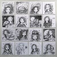Whimsical Girl and Cat or Owl Original Pen and Ink Drawing Small Unmounted Original Art