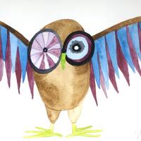Whimsical, ORIGINAL 10 x 7 watercolor owl painting - brown, blue & purple. Spreading her wings.