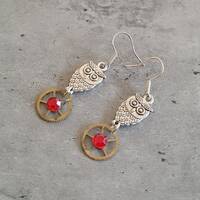 Owl and watch gear steampunk red crystal dangle earrings