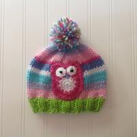 Adorable Owl Hat in Stripes and a Colorful Pompom