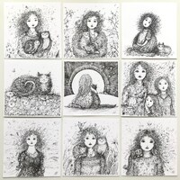 Whimsical Girl and Cat or Owl Original Pen and Ink Drawing Small Unmounted Original Art