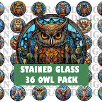 36 Stained Glass Owl Pack Transparent Circle PNG Digital Download 300 DPI Commercial Use