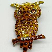 Vintage Owl Brooch Swarovski Crystals Enamel Art Deco  Jewelry Pin Enamel Metal Steel Yellow