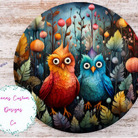 Cute Silly Owls and Flowers Sublimation Round Door Hanger Design PNG, Sublimation Design for 12 Inch