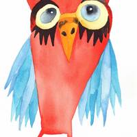 Whimsical, ORIGINAL 10 x 7 watercolor owl painting - red, blue & yellow. Sassy little bird.