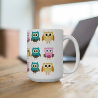 Colorful Owl Ceramic Mug, 15oz, Whimsical Owl Mug, Coffee Cup, Gift for Owl Lovers