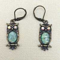 Owl Earrings: Faux Opal & Rhinestone Lever Back Earrings