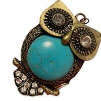 Brass Owl Pendant Faux Turquoise Rhinestones Large