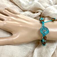 Czech Glass Beaded Leather Bracelet: Turquoise Owl Beads, Bird Button, 6 1/2" Wrist