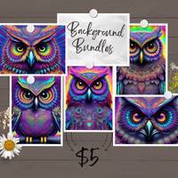 Psychedelic Owls, Trippy, Neon PNG Background Bundle, (5) -Tumbler Wrap, Sublimation Design, Straigh