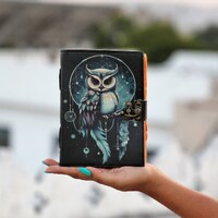 Halloween Vintage celtic owl leather journal, book of shadows, owl notebook, Free resin feather book