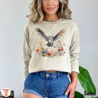 Floral Owl Sweater, Flying Owl Sweatshirt, Pressed Flower Pullover, Owl Sweater, Garden Lover Top, N