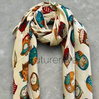 Charming Owls Pattern Off White Scarf – Perfect All-Season Gift for Mom and Her