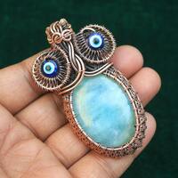 Copper Wire Wrap Owl Pendant: Aquamarine Gemstone