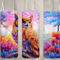 Seamless Great Horned Owl & Pastel Landscape Design, Owl 20oz Skinny Straight Tumbler Sublimatio