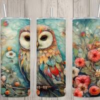 Seamless Pastel Colorful Barred Owl & Floral Design, Owl 20oz Skinny Straight Tumbler Sublimatio