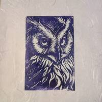 Dreamweaver's Gaze: Majestic Owl Blockprinted Portrait