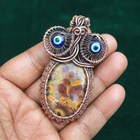 Owl Fruit Jasper Copper Wire Wrapped Pendant: Gemstone Necklace