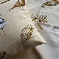 Wild birds cushion cover, owl,pheasant,partridge,lapwing, cream,cotton square 18"x18"/45cm