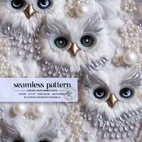 Christmas Owl Faux Embroidery Seamless, Winter Owl Seamless Pattern, White Owl Seamless File, Winter