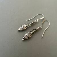 Small Owl Silver Dangle Earrings Light Gray Crystal