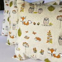 Woodland Animals Cushion Cover: Foxes, Owls, Acorns - 16" Square