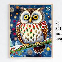 Christmas Owl Art Print, Christmas Owl Digital Art Print, Christmas Owl Wall Art, Owl Lover Print, O