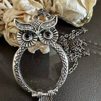 Owl Magnifying Glass Necklace, Silver Tone Pendant, Reading Aid Jewelry