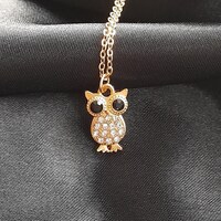 Cute Gold Owl Necklace, Owl Pendant with Chain, Crystal Charm, Necklace for Her, Nature Inspired Gif