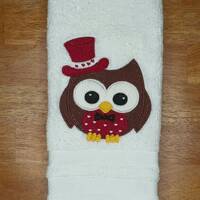 Owl* With A Top Hat And Bow Tie Embroidered Hand Towel - Hearts - Big Eyes