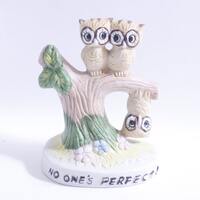 No One's Perfect, Funny Owls Sitting on a Tree, Owl Upside Down, Figurine, Ceramic, Painted, Hum