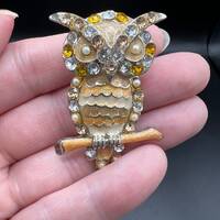 Vintage Enamel Owl Brooch: Rhinestone & Faux Pearl Autumn Accessory