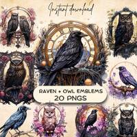 Raven + Owl Emblems Clipart (20 PNGs), Watercolor Magic Creature Art, Mythical Fairytale Graphic, Fa