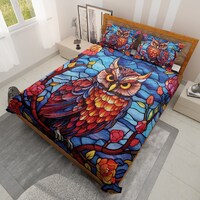 Vintage Floral Owl Quilt Bedding Set: Wildlife Flowers Blanket