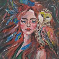 Girl with an owl Original Painting Beluga art Owl with a Red-haired girl Small painting Multi-colore