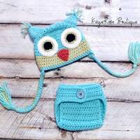 Newborn Baby Crochet Owl Hat and Diaper Cover Set Turquoise and Green
