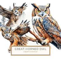 Great-horned Owl Clipart, Bird Clipart, Watercolor Great-horned Owls, Owl Art Printable, Commercial 