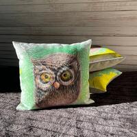 Throw Pillow, Decorative Pillow Owl, Owls Lovers Decor, Pencils Drawn Design, Cute Pillow, Green Whi