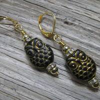 Owl/Dangle Earrings/Black Resin/Gold Tone Highlights/Handcrafted/Quality Materials