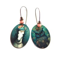 Boucles d'oreilles Illustration poétique Cheval et Hibou forêt magique vert bleu, b