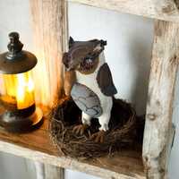 Owl fabric sculpture 8", various fabrics consisting of vintage, upcycled and potentially new al