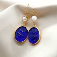 Intaglio Owl and Pearl Silver Dangle Earrings Greek Jewelry Handmade Jewelry
