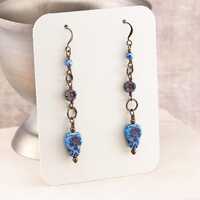 Long Blue Owl & Flower Beaded Dangle Earrings on Antiqued Brass Hooks, made with Czech glass bea