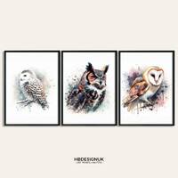 Owl Poster Set - Set of 3 Prints | Watercolour Barn Owl, Snowy Owl, Horned Owl Painting | Present Pi