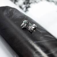 925 Silver Owl Witchy Small Stud Earrings with Green and Clear Rhinestones