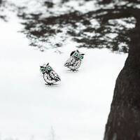 925 Silver Owl Witchy Small Stud Earrings with Green and Clear Rhinestones