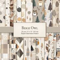 Beige Owl Simple Seamless Pattern Paper Pages. Commercial Use. Crafting, Scrapbook, Junk Journal. 25