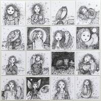 Whimsical Girl and Cat or Owl Original Pen and Ink Drawing Small Unmounted Original Art