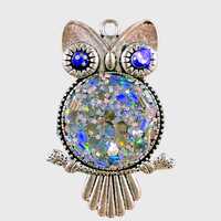 Resin necklace Owl pendant with silver glitter,  silver tone 20” chain